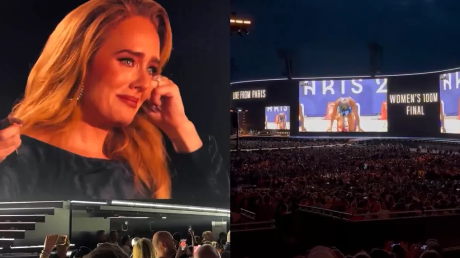 Adele mostra nos telões de seu show a final de 100m das Olimpíadas
 -  (crédito:  Reprodução/Twitter)