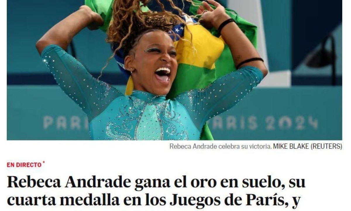 Manchete do The Guardian diz: 'Simone Biles perde ouro no solo enquanto Andrade deslumbra no último dia da ginástica olímpica' -  (crédito: Reprodução/The Guardian)