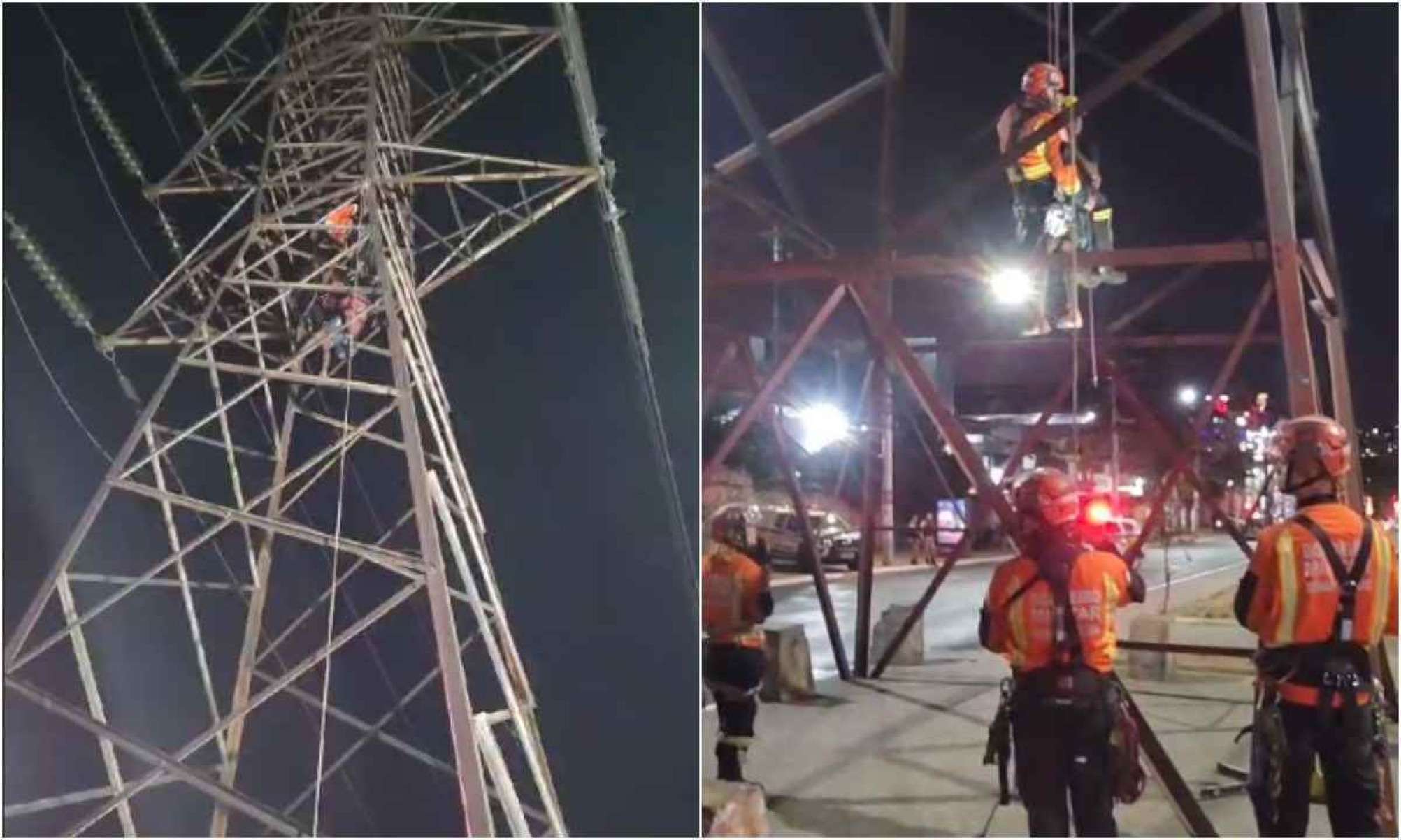 Vídeo: homem sobe em torre de energia e tem que ser resgatado em Contagem 