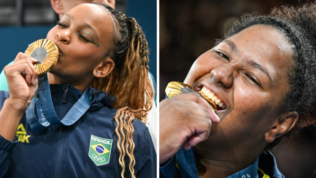 Rebeca Andrade e Beatriz Souza com suas medalhas de ouro -  (crédito:  Leandro Couri/EM/D.A Press)