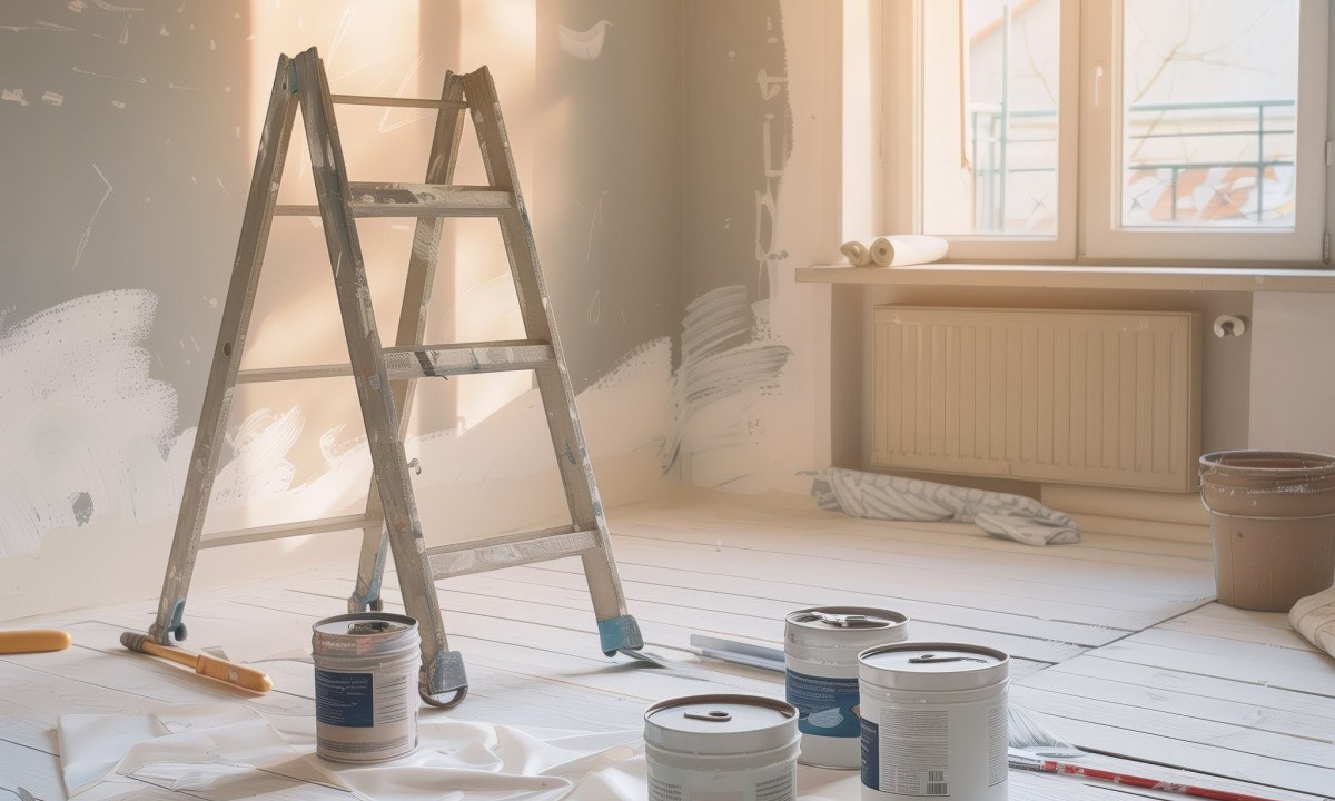  A room under renovation with painting supplies, a ladder, and sunlight streaming through the windows, capturing the progress of a home improvement project.
     -  (crédito: DINO)