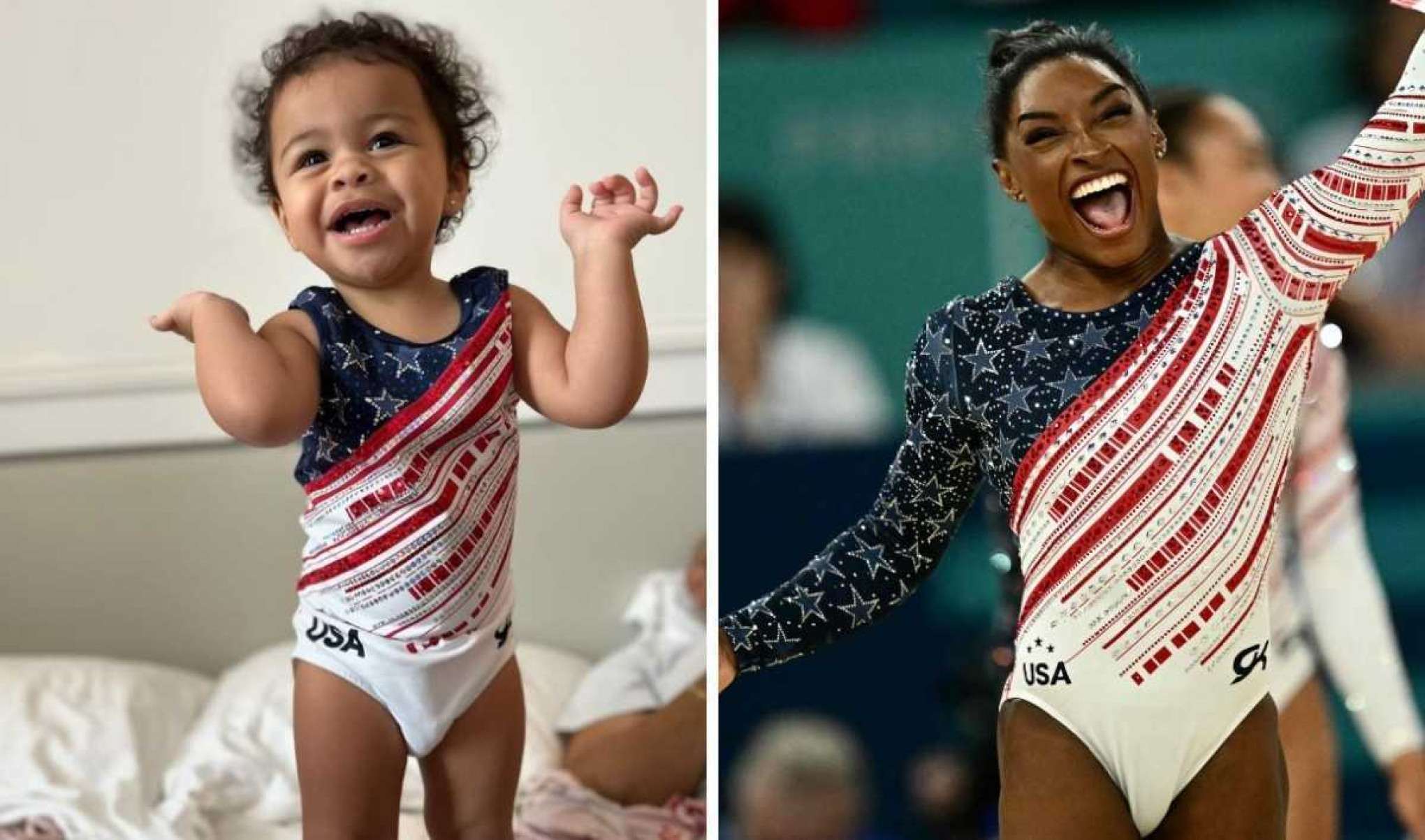 Sobrinha de Simone Biles usa collants iguais aos da tia e encanta a web