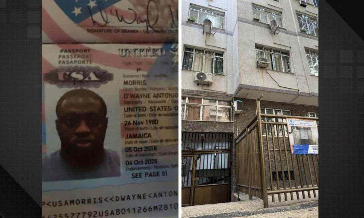 Foto de passaporte do turista encontrado morto no Rio e fachada do edifício onde corpo foi encontrado -  (crédito: Reprodução/passaporte - Giovanna Caselatto/Rádio Tupi Rio)