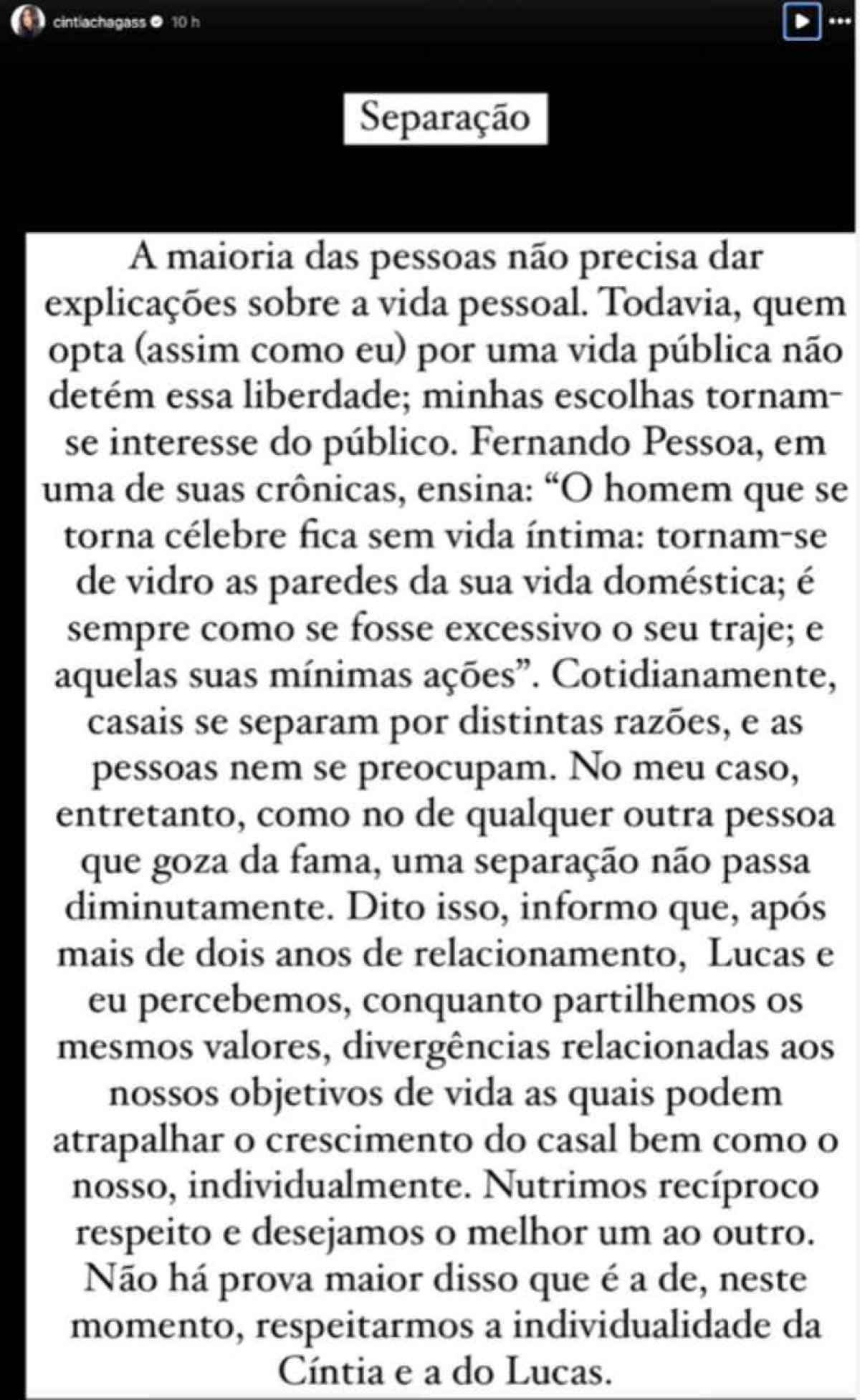 Nota explica término de casamento entre Cíntia Chagas e Lucas Bove 