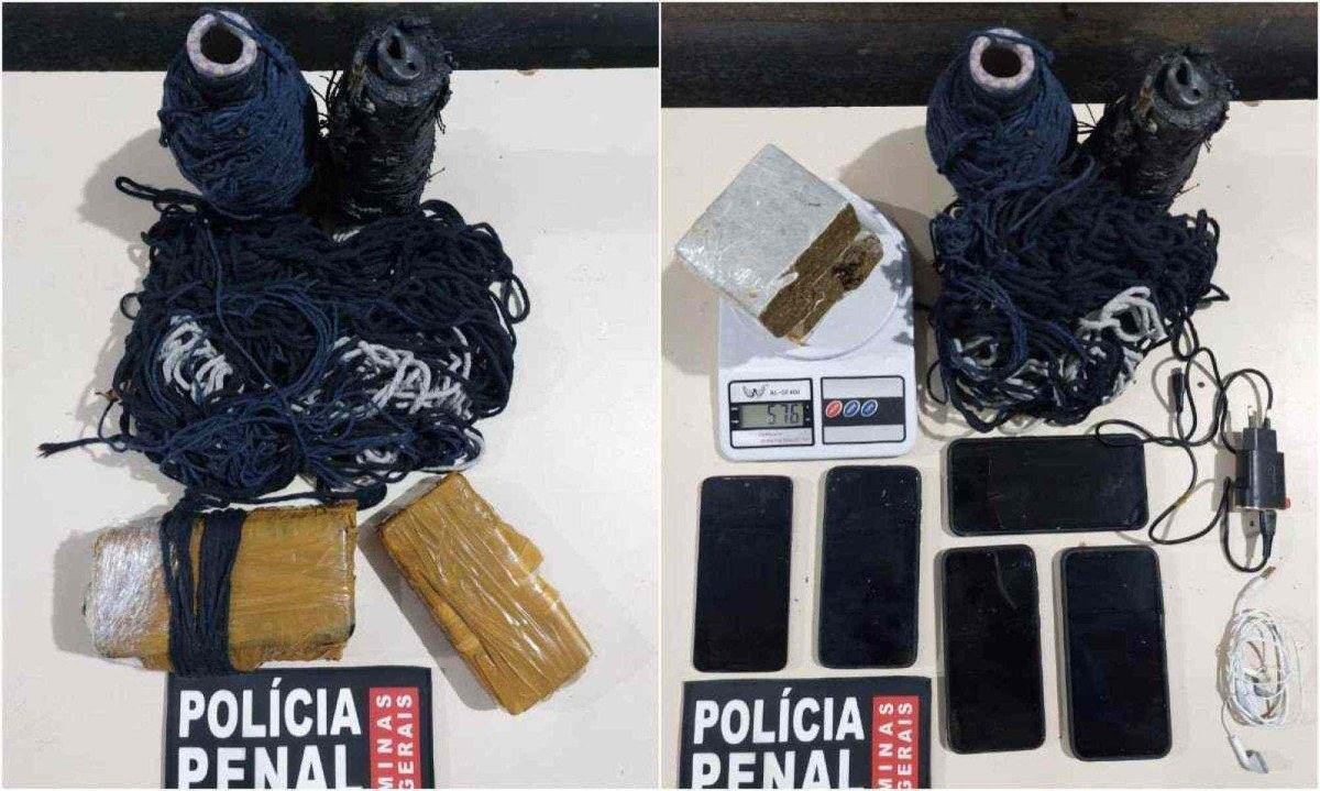 Policiais encontraram dois tabletes prensados de uma substância semelhante à maconha, cinco celulares, cinco chips, um carregador completo e um fone de ouvido -  (crédito: Sejusp / Divulgação)