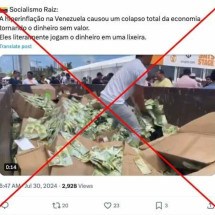 Homem em meio a pilhas de dinheiro jogadas no lixo ocorreu na Venezuela? - Reprodução/X (antigo Twitter), com X em vermelho, interferência do Checamos, da AFP