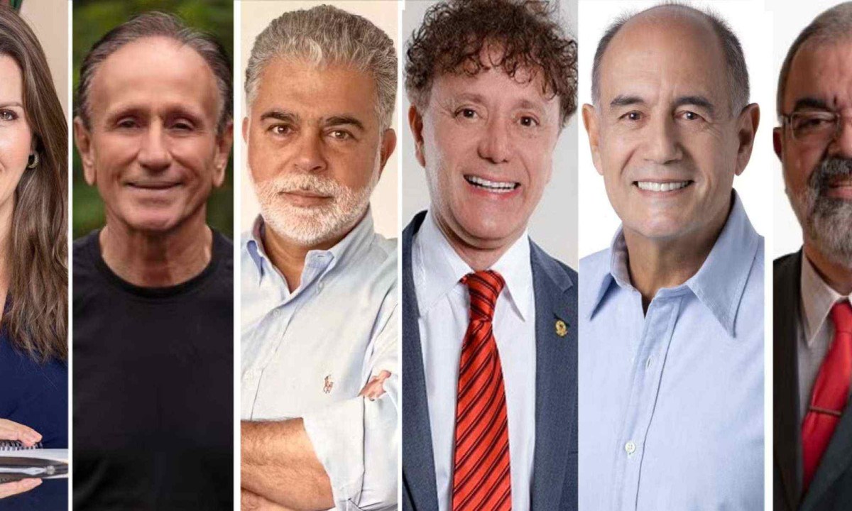 Elisa Ara&uacute;jo (PSD), Paulo Piau (PSDB), Anderson Adauto (PV), Tony Carlos (MDB), Samir Cec&iacute;lio (PL) e Adriano Esp&iacute;ndola Cavalheiro (PSTU) -  (crédito: Redes Sociais/Divulga&ccedil;&atilde;o)