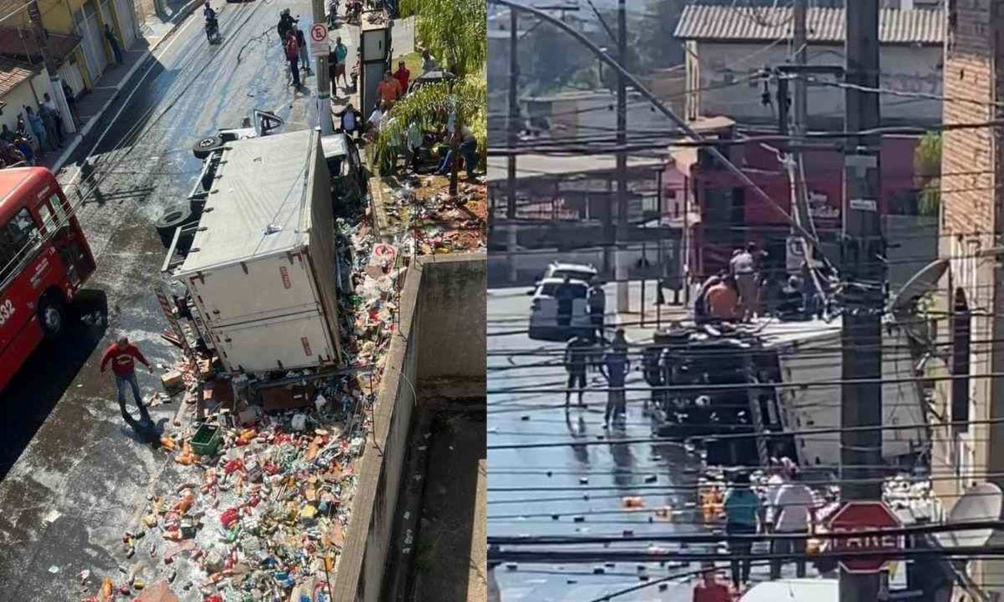 Caminhão tomba sobre carro e carga de bebidas cai em avenida de Nova Lima 