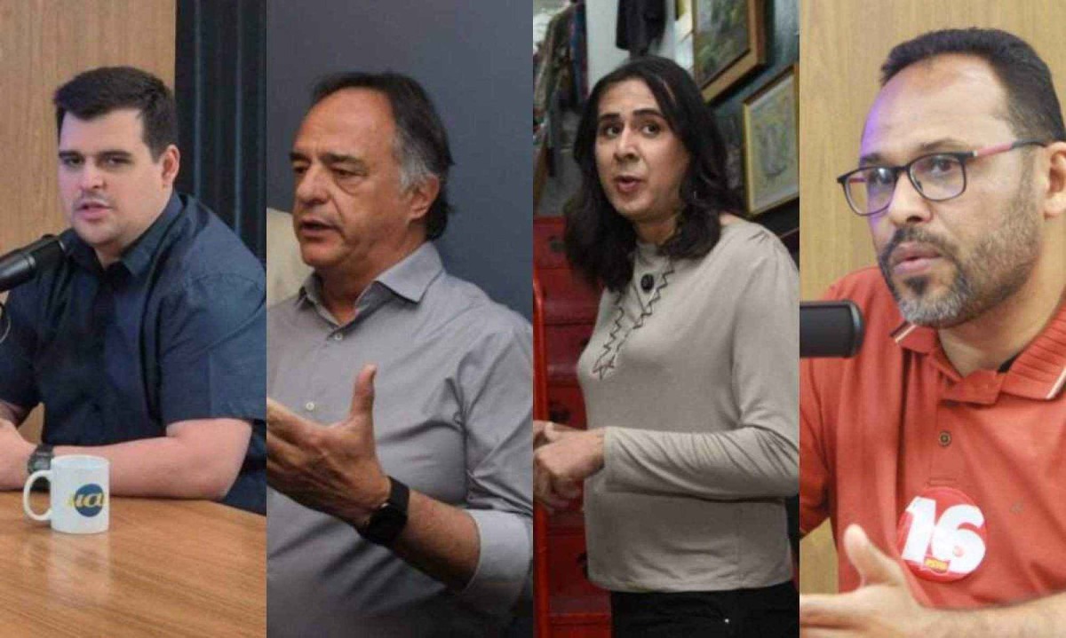 Bruno Engler (PL), Mauro Tramonte (Republicanos), Duda Salabert (PDT) e Wanderson Rocha (PSTU), candidatos à Prefeitura de Belo Horizonte -  (crédito: Jair Amaral, Gladyston Rodrigues, Edésio Ferreira/EM/D.A Press)