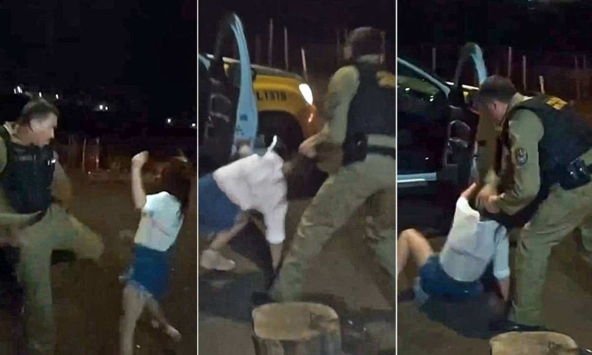 Policial militar dá tapas, chute e arrasta mulher durante abordagem em uma via pública de Itambaracá, no norte do Paraná -  (crédito: Reprodução/@itambaraca.milgrau/Instagram)