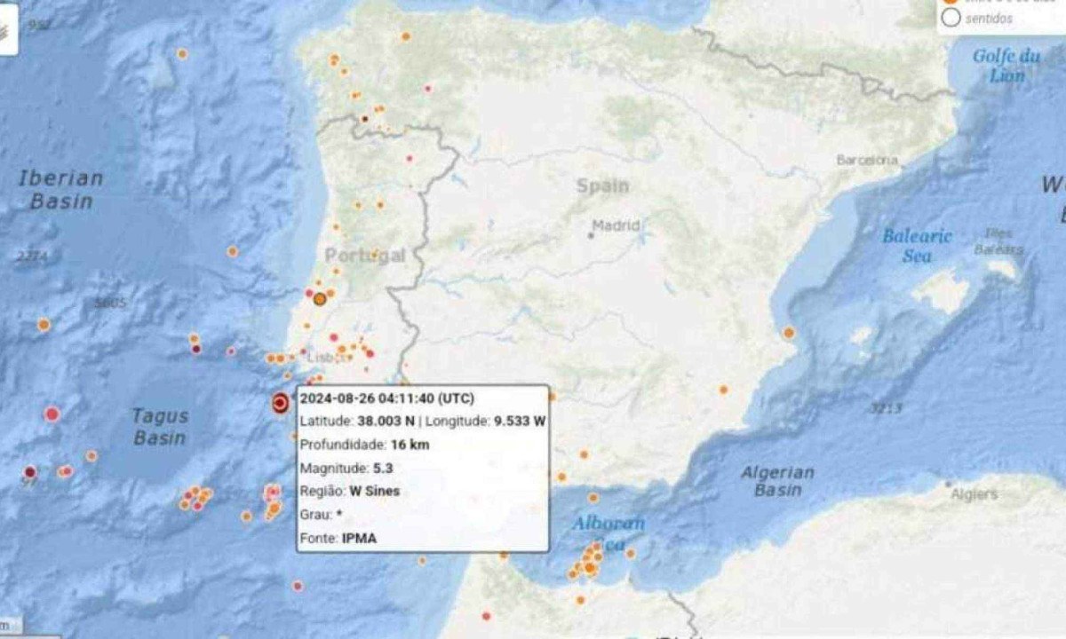 O governo de Portugal registrou um terremoto de magniutude 5,3 na escala de Richter nesta segunda-feira (26/8) -  (crédito: Divulgação/Autoridade Nacional de Emergência e Proteção Civil)