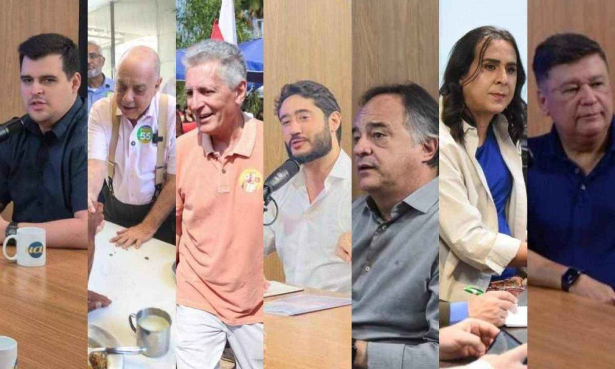 Bruno Engler (PL), Fuad Noman (PSD), Rogério Correia (PT), Gabriel Azevedo (MDB), Mauro Tramonte (Republicanos), Duda Salabert (PDT) e Carlos Viana (Podemos) são candidatos à Prefeitura de BH -  (crédito: Júnia Garrido/Mariana Bastaini/Jair Amaral, Gladyston Rogrigues, Edésio Ferreira, Tulio Santos/EM/D.A Press)