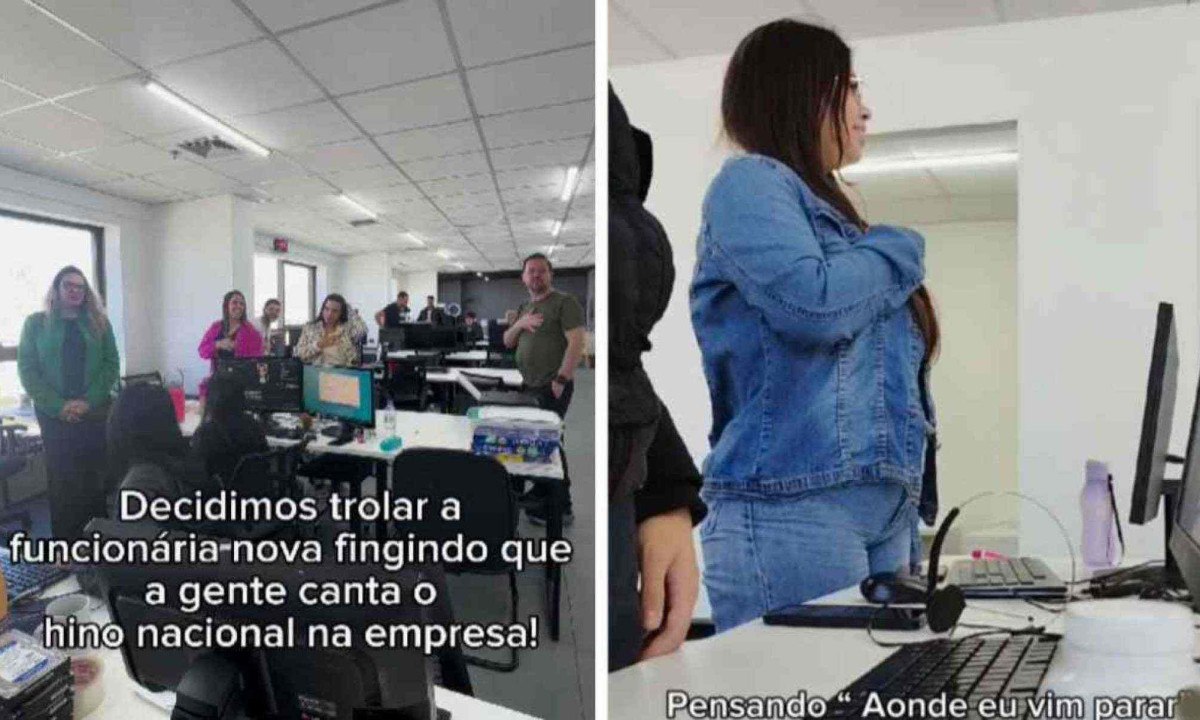 Mulher cantou o Hino Nacional em uma pegadinha na empresa -  (crédito: Reprodução / redes sociais)