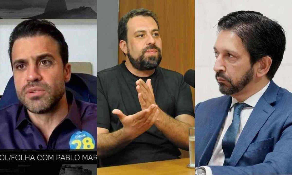 Pablo Mar&ccedil;al (PRTB), Guilherme Boulos (Psol) e Ricardo Nunes (MDB), candidatos &agrave; Prefeitura de S&atilde;o Paulo -  (crédito: Reprodu&ccedil;&atilde;o UOL/Folha - Gladyston Rodrigues/EM/D.A Press -  )