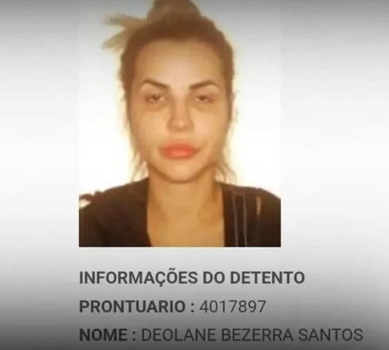 Foto de Deolane Bezerra no registro carcerário do sistema prisional de Pernambuco