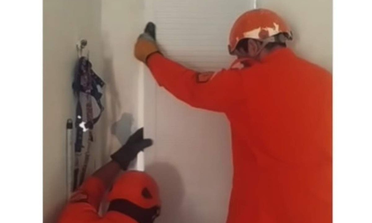 Mulher é regatada depois de ficar presa no box do banheiro  -  (crédito: Corpo de Bombeiros/Divulgação)