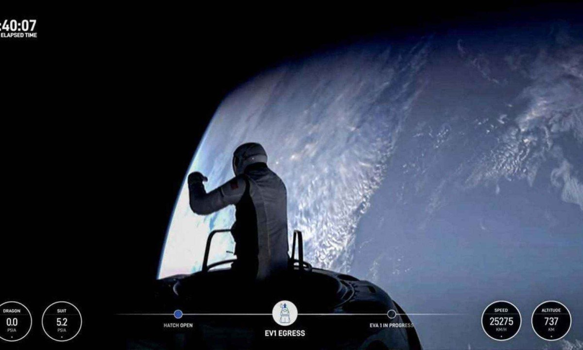 Os feitos aconteceram durante a missão Polaris Dawn e só foram possíveis graças a uma série de avanços tecnológicos       -  (crédito: AFP PHOTO / SpaceX / Polaris)