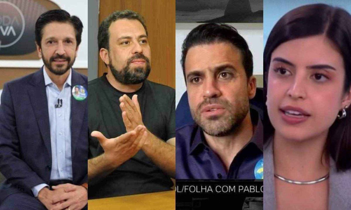 Candidatos à Prefeitura de São Paulo Ricardo Nunes (MDB), Guilherme Boulos (PSOL), Pablo Marçal (PRTB) e Tabata Amaral (PSB) -  (crédito: Nadja Kouchi - Gladyston Rodrigues/EM/D.A Press - Reprodução/Youtube/)