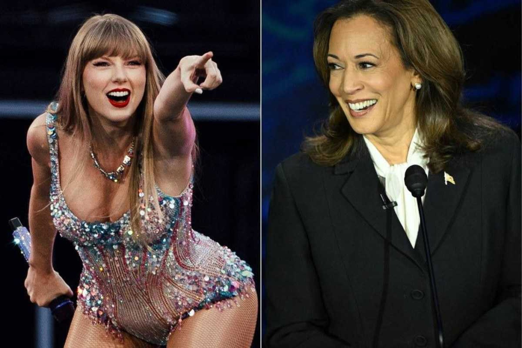 Cantora Taylor Swift e a candidata à Presidência dos Estados Unidos Kamala Harris -  (crédito: Andre Dias Nobre/AFP)