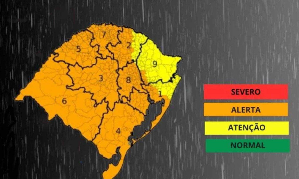 A Defesa Civil do Rio Grande do Sul emitiu um alerta, na tarde da última terça-feira (17/09), sobre as fortes chuvas e temporais que atingirão o estado na madrugada desta quinta-feira (19/09) -  (crédito: Defesa Civil do RS )