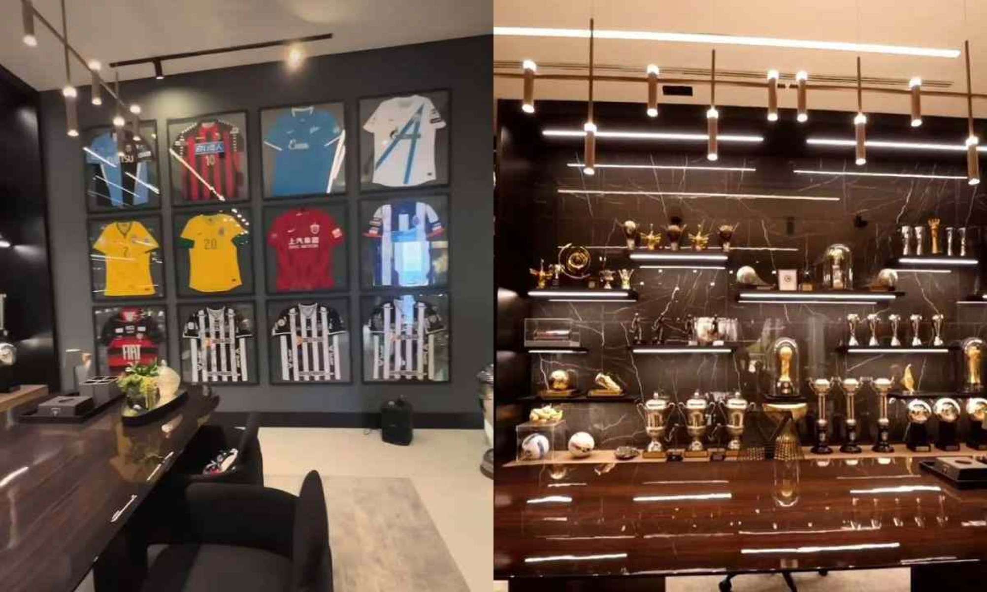 A residência também conta com uma parede exibindo camisas oficiais de futebol e outra com troféus