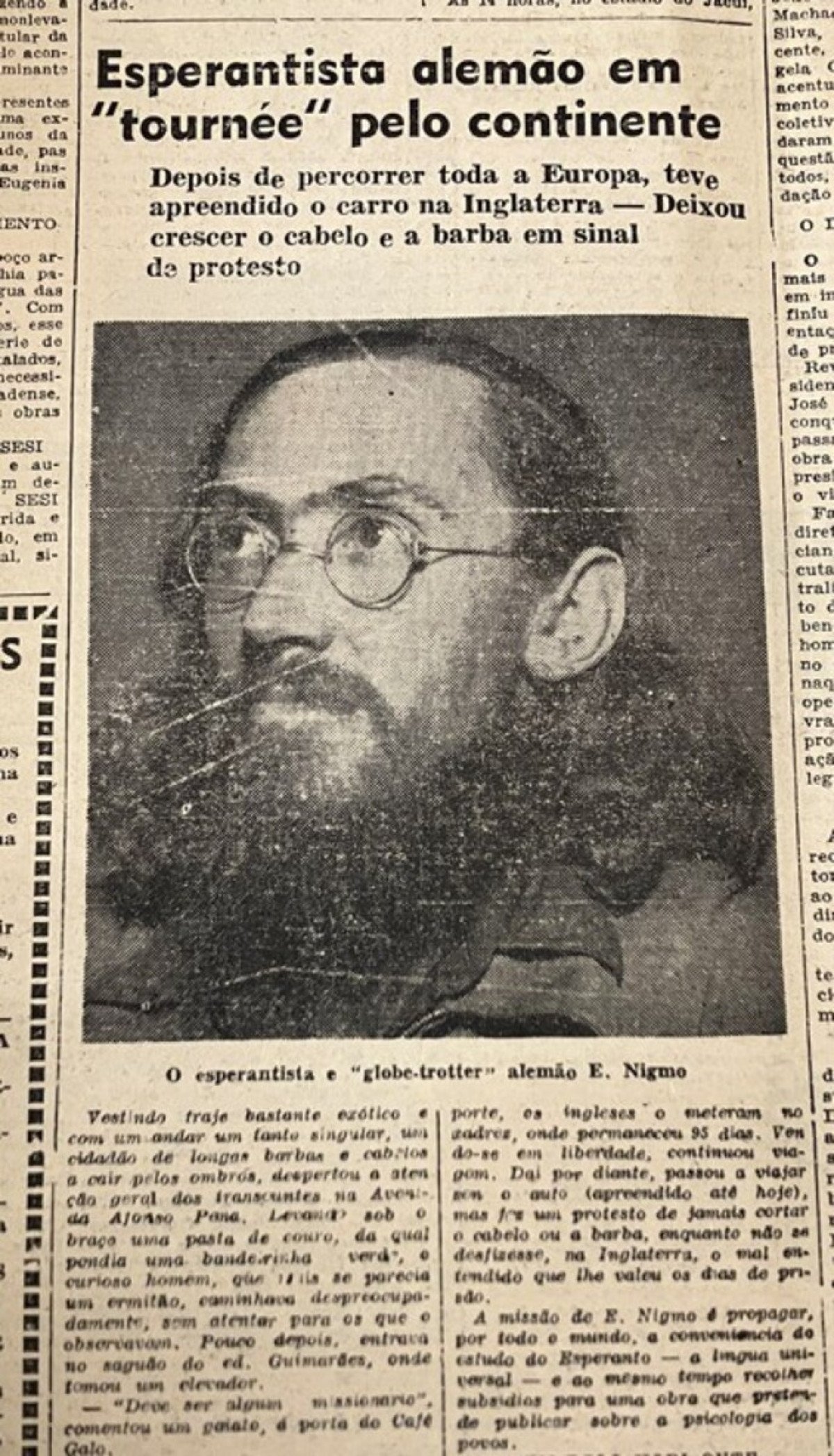 Reportagem sobre a passagem de E. Nigmo por BH apareceu na edição de 4 de maio de 1956 do Estado de Minas