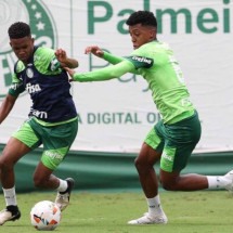  Os jogadores Est..v..o e Vanderlan (D), da SE Palmeiras, durante treinamento, na Academia de Futebol. (Foto: Cesar Greco/Palmeiras/by Canon)
     -  (crédito:  CESAR GRECO)