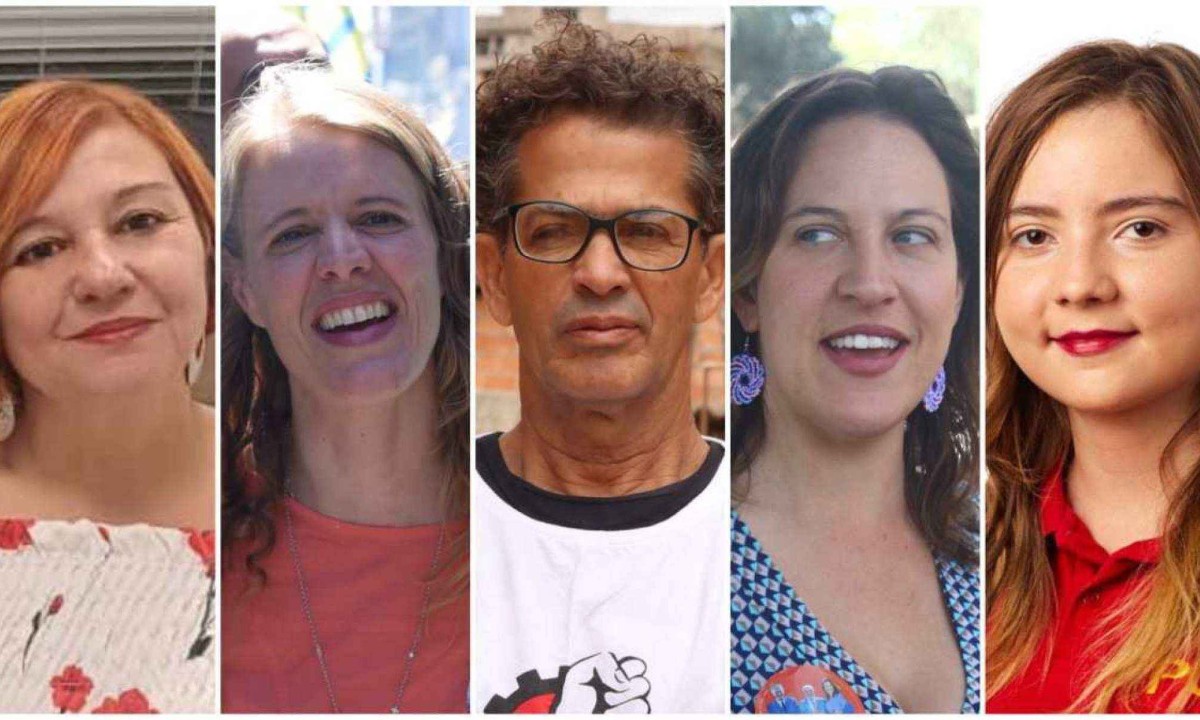 Vices Andréa Ferreira (PSTU), Luisa Barreto (Novo), Geraldo Neres, Bella Gonçalves (Psol) e Marília Garcia (PCO) são os convidados para sabatinas de 23 a 27 de setembro -  (crédito: Arte EM)