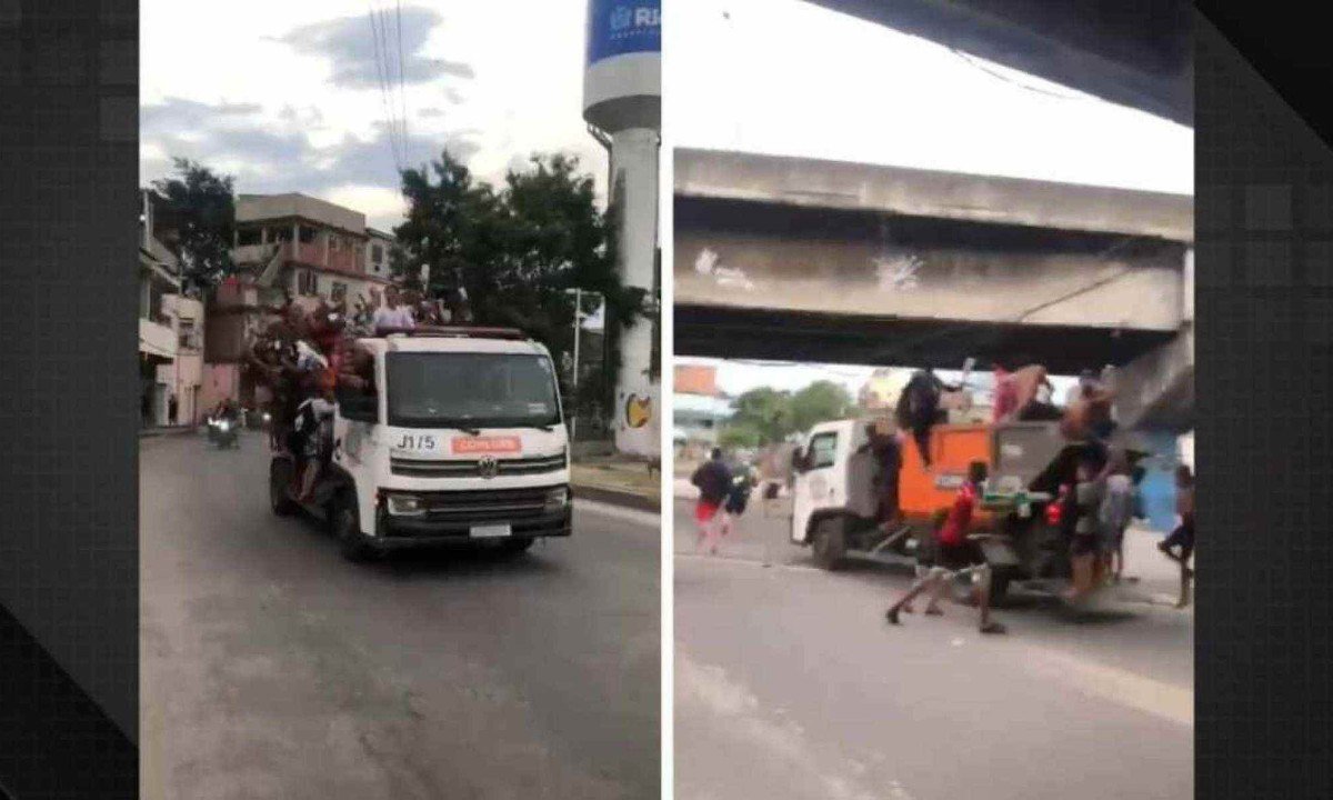 Caminhão da Comlurb (RJ) foi ocupado por pessoas da comunidade do Complexo da Maré -  (crédito: reprodução/redes sociais)