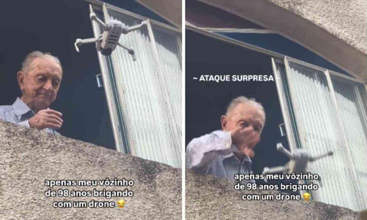 Internautas se divertem com vídeo de vovô brigando com um drone -  (crédito: Reprodução / Instagram)