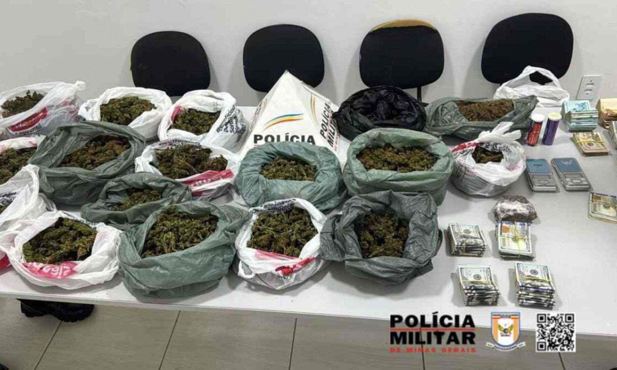 Polícia apreendeu 20 sacolas de maconha e grande quantidade em dinheiro na casa do suspeito -  (crédito: PMMG/Divulgação)