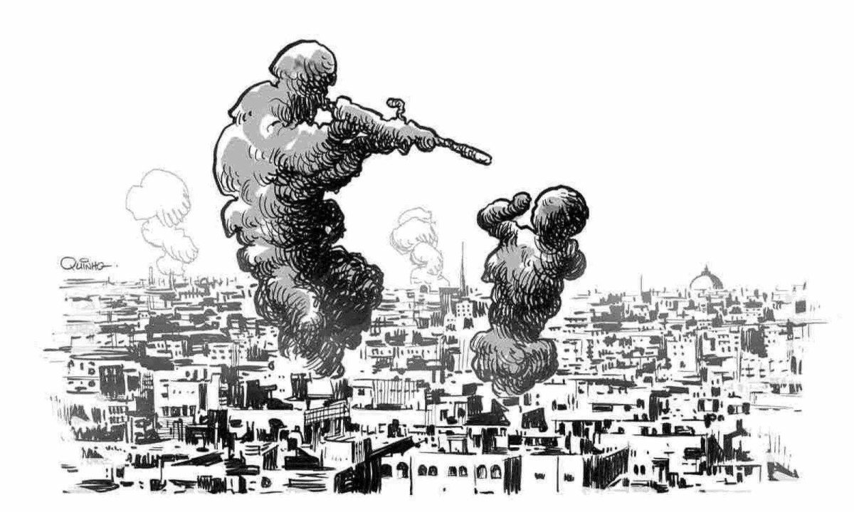 Publicada no Estado de Minas, a ilustra&ccedil;&atilde;o &quot;Genoc&iacute;dio em Gaza&quot; tamb&eacute;m foi exposta no Museu de Arte Contempor&acirc;nea de Teer&atilde;, no Ir&atilde; -  (crédito: Quinho/EM)