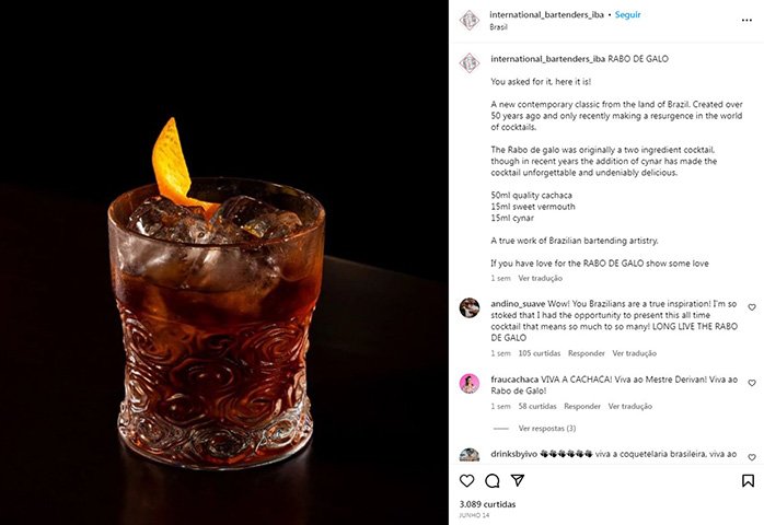 Drinque de botecos brasileiros está na lista de melhores do mundo -  Reprodução Instagram Oficial IBA