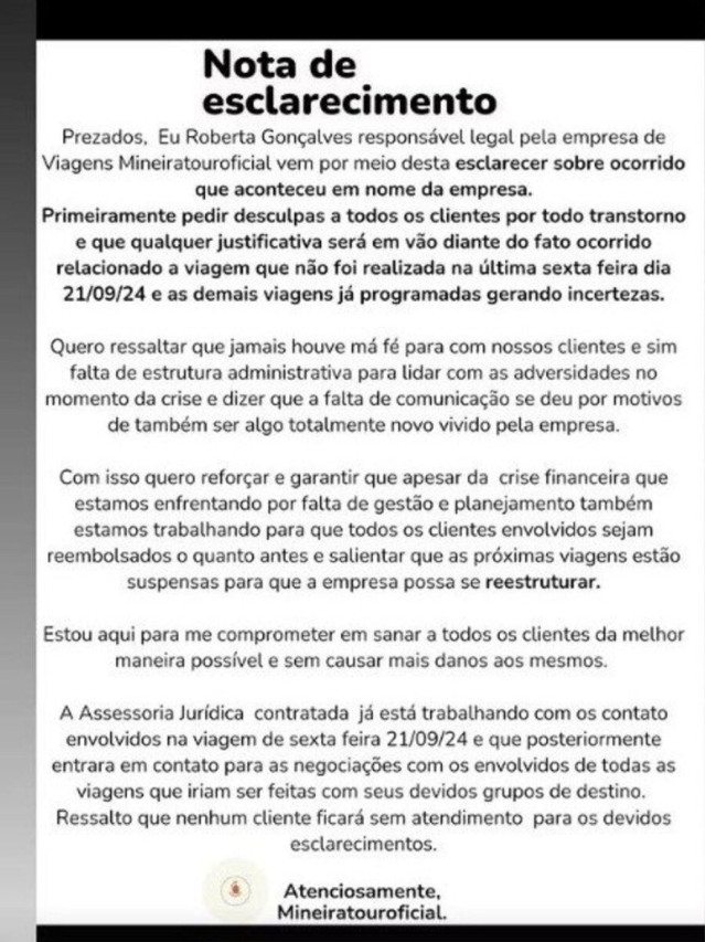 Mineira Tour se manifestou com um texto publicado por meio da função Story no Instagram 