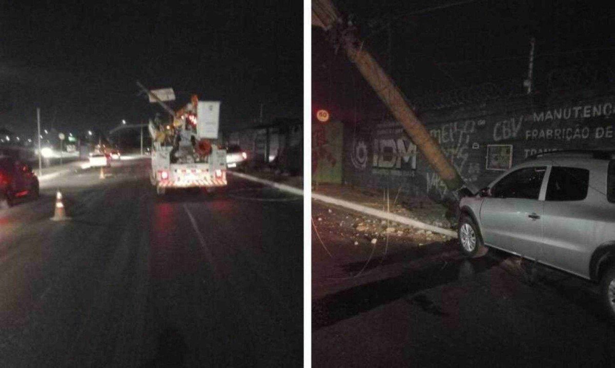 Poste se inclinou sobre o carro e interditou parcialmente o trânsito da Via Expressa no sentido Betim -  (crédito: Transcon/Divulgação)