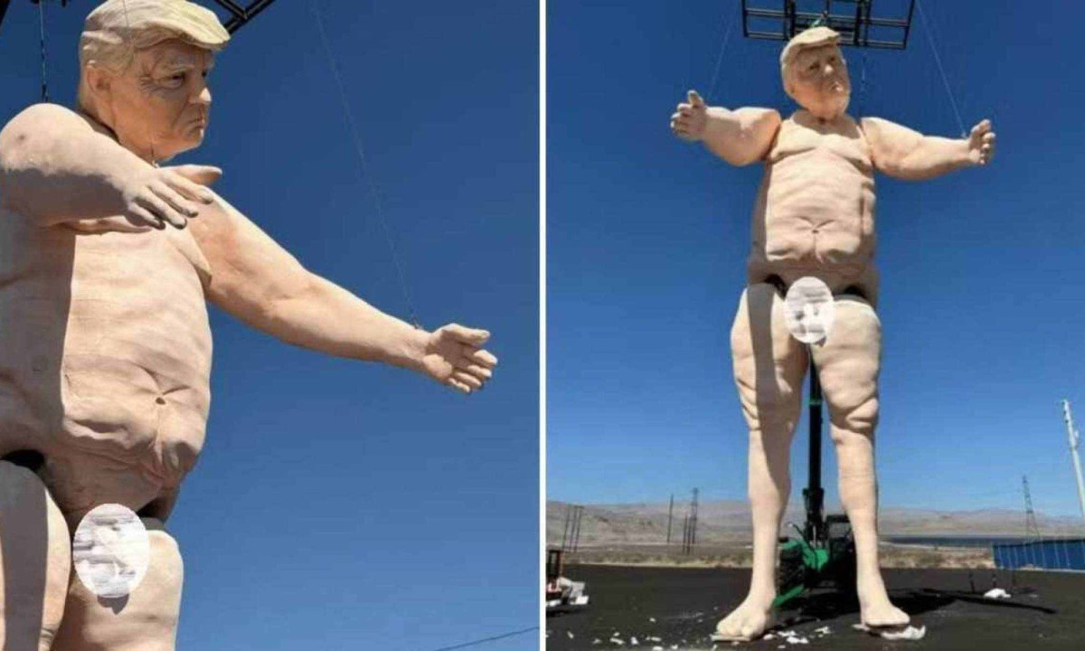 Estátua de Trump pelado com mais de 13 metros é inaugurada nos EUA -  (crédito: Divulgação/Crooked and Obscene Tour)