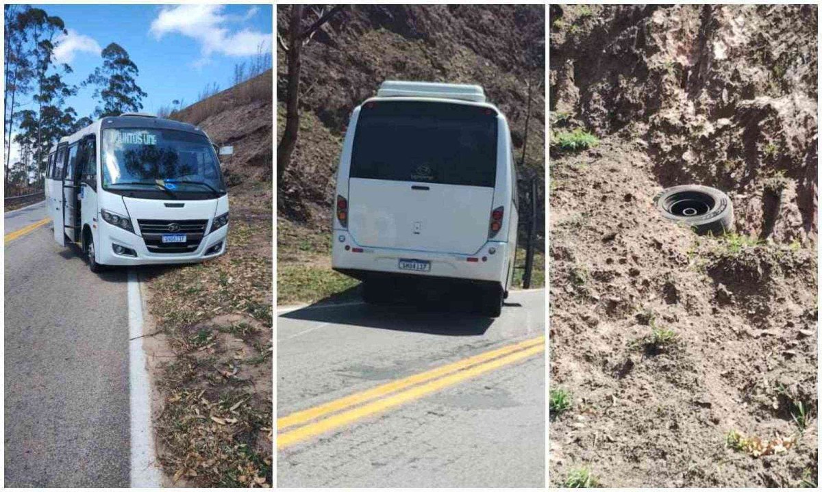 O micro-ônibus da Prefeitura de Visconde do Rio Branco passava pelo KM 69 da rodovia quando perdeu a roda dianteira -  (crédito: Polícia Militar Rodoviária de Minas Gerais)