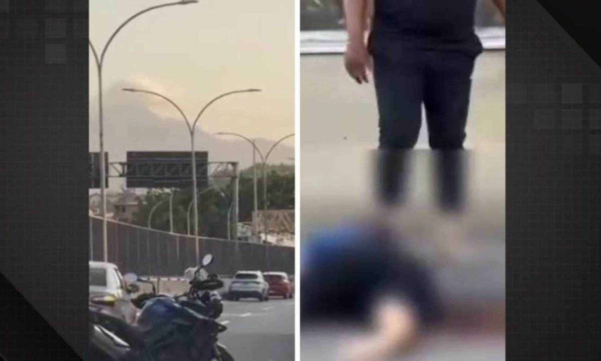 Montagem com frames de vídeo da morte de um suspeito de assalto na Linha Amarela, no Rio de Janeiro -  (crédito: Reprodução/Redes sociais)