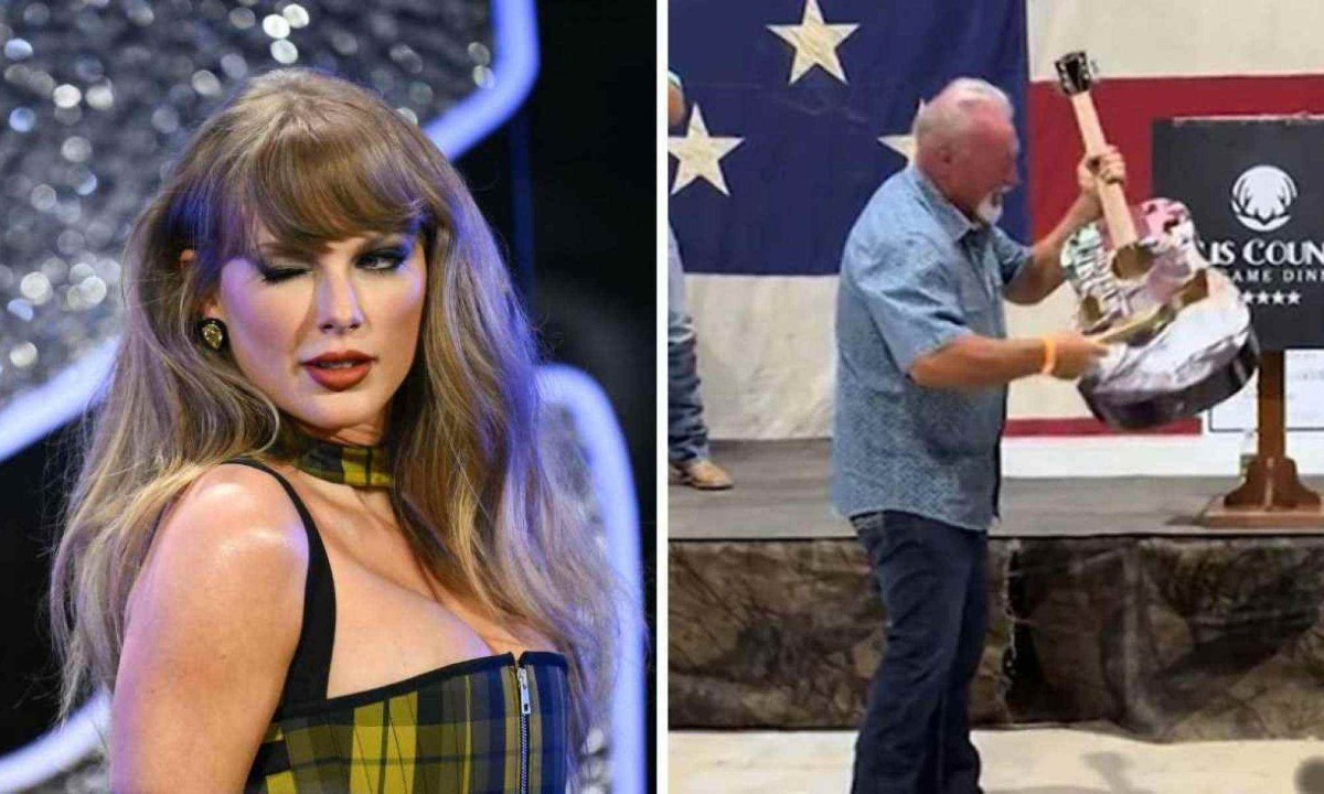 Taylor Swift não se pronunciou sobre homem que destruiu violão autografado por ela -  (crédito: AFP / Reprodução / redes sociais)