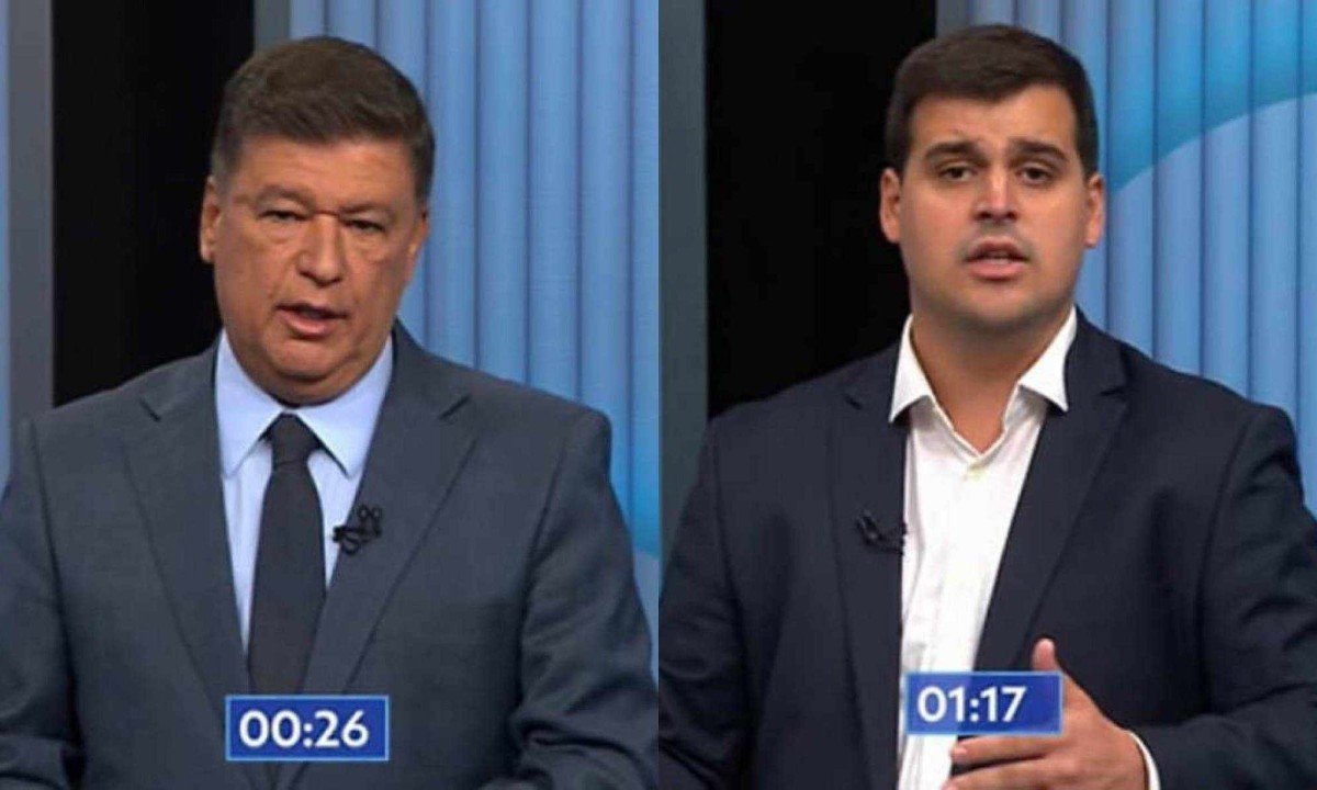 Os candidatos Carlos Viana e Bruno Engler trocam ataques durante debate realizado pela Rede Globo -  (crédito: Reprodução/TV Globo)