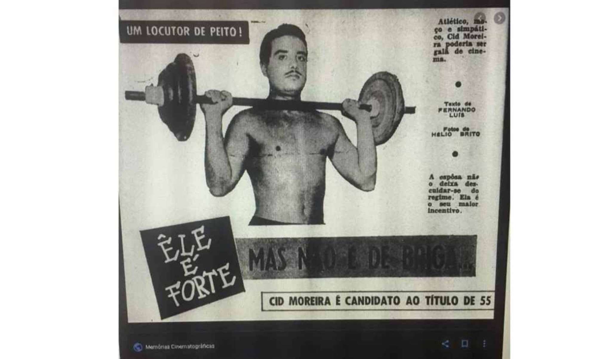  Cid Moreira sem camisa levantando peso em uma matéria de jornal.
