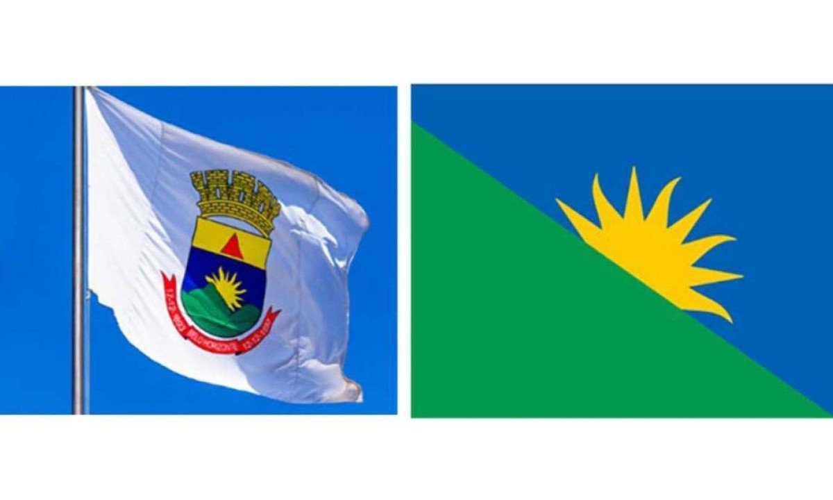 Atual bandeira de Belo Horizonte (esq.(, com o brasão aplicado em fundo branco, e a proposta de nova bandeira, que vai a referendo na eleição de domingo (6/10) -  (crédito: montagem)