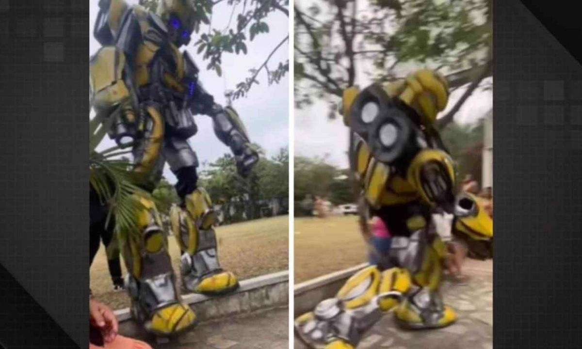 Atração em festa infantil, Bumblebee acabou virando piada ao tomar um tombo gigante -  (crédito: Reprodução/Dailymotion)