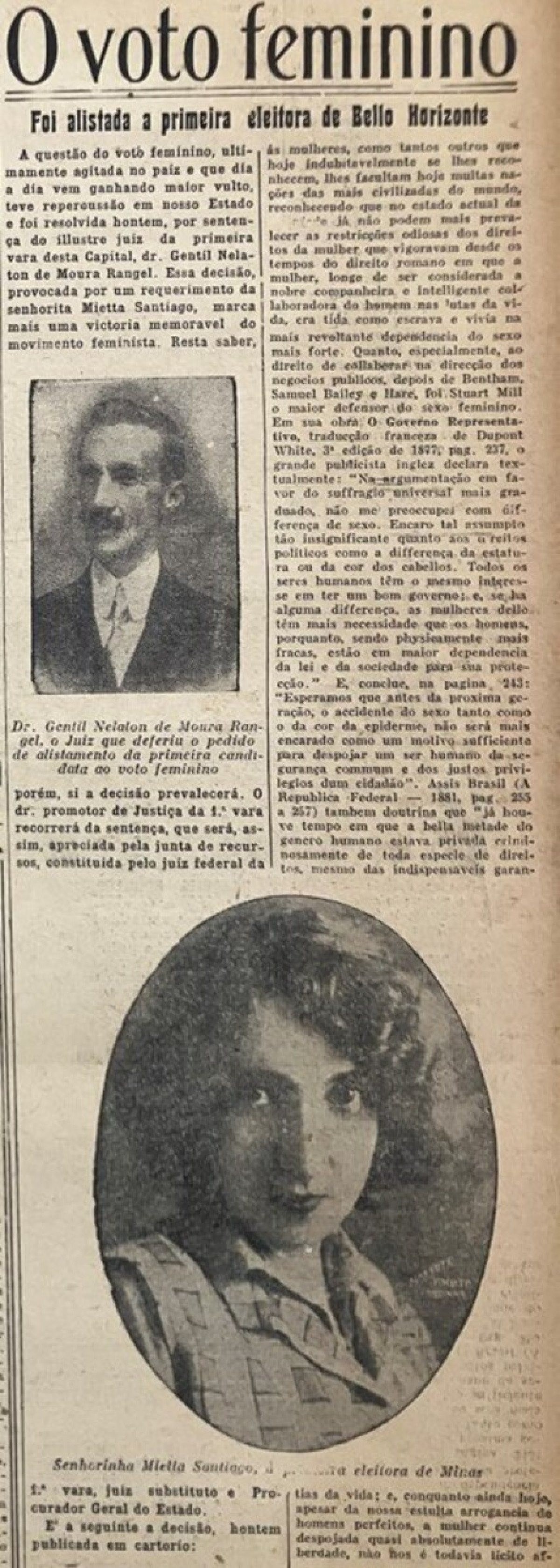 Decisão que concedeu a Mietta Santiago o direito do voto foi reproduzida no Estado de Minas de 15 de setembro de 1928