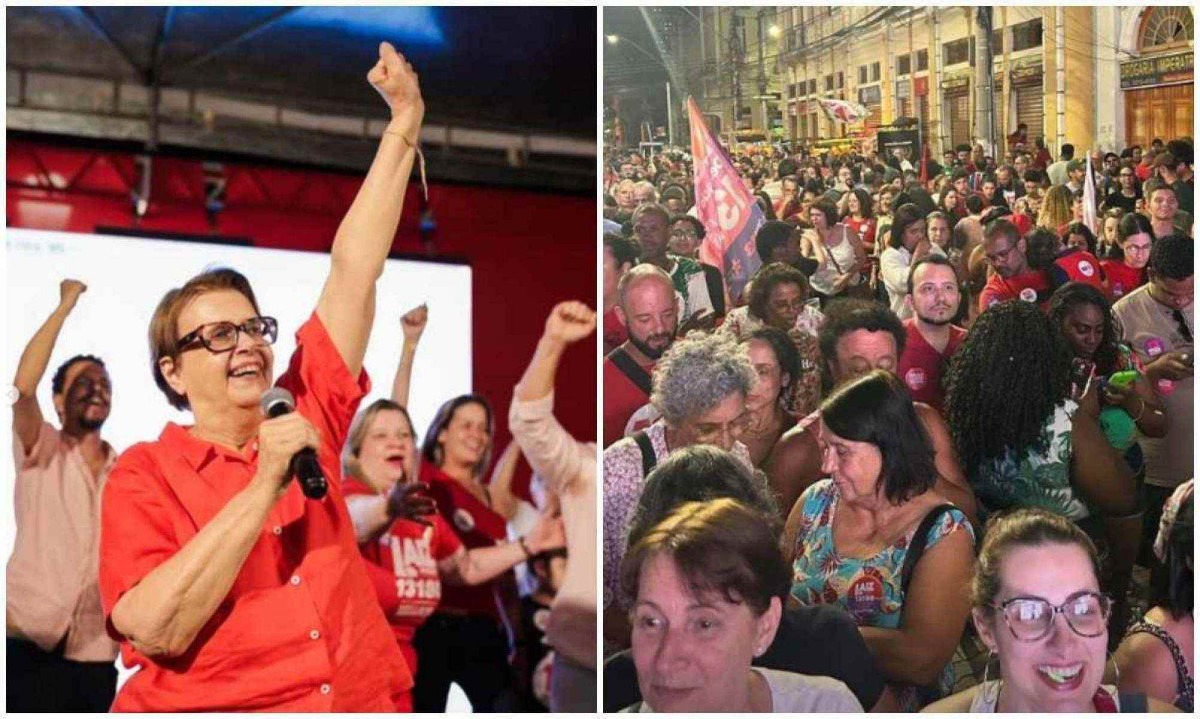 Margarida Salomão (PT) falou para apoiadores em palanque na Praça da Estação, em Juiz de Fora, na noite deste domingo (6/10) -  (crédito: Margarida Salomão/Instagram/Reprodução)