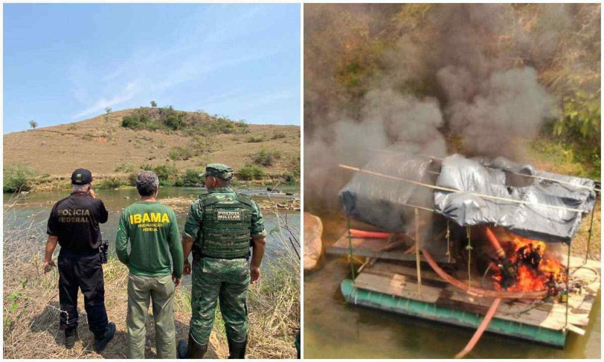 Embarcação estava à margem do Rio Pomba e foi incendiada -  (crédito: PF/PM/Divulgação)