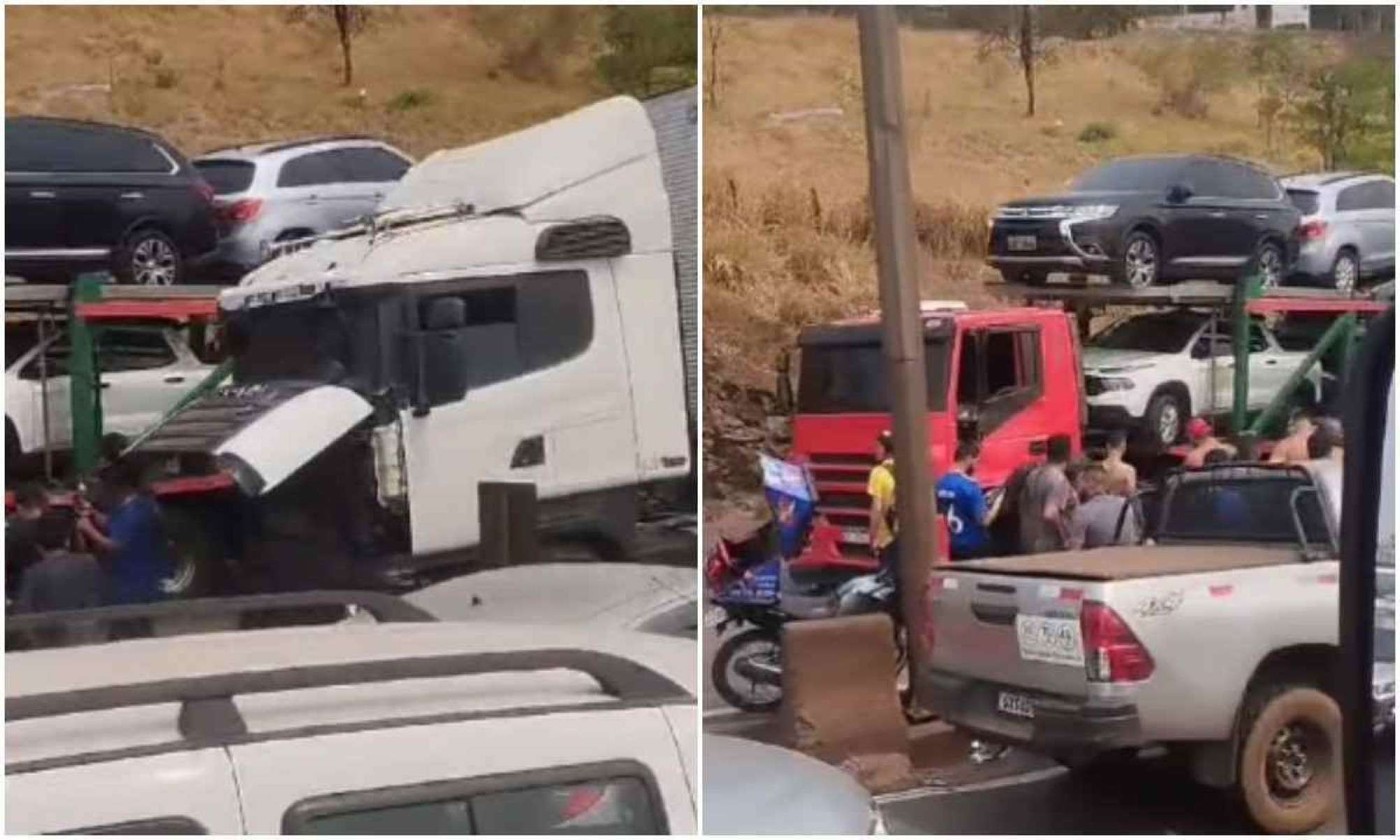 Acidente entre cegonheira e caminhão trava trânsito na BR-381, em Betim
