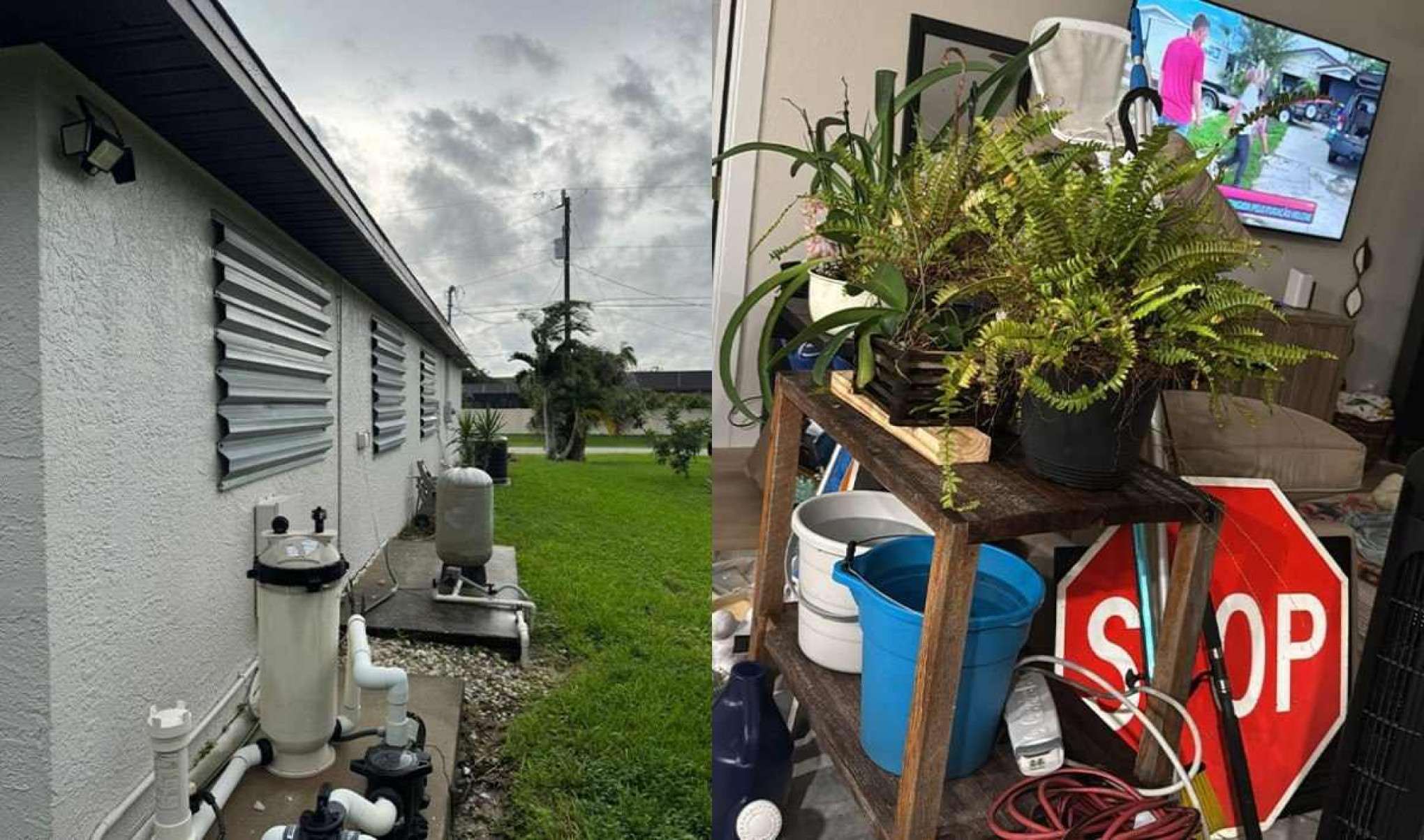 Depois de colocar a proteção de portas e janelas, Paulinho recolheu tudo o que estava do lado de fora da casa e colocar na sala de estar