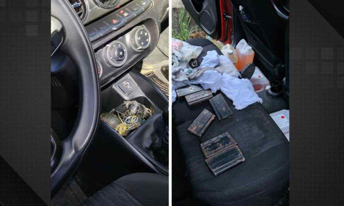 Explosivos e outros artefatos estavam no banco e console dos carros encontrados no Rio de Janeiro -  (crédito: Divulgação / Polícia Civil)