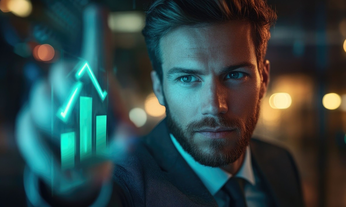  Financial progress: businessman pointing to the up arrow on a bar chart, symbolizing stock market growth, economic success, and rising profits, captured in a clean, professional visual design
     -  (crédito: DINO)